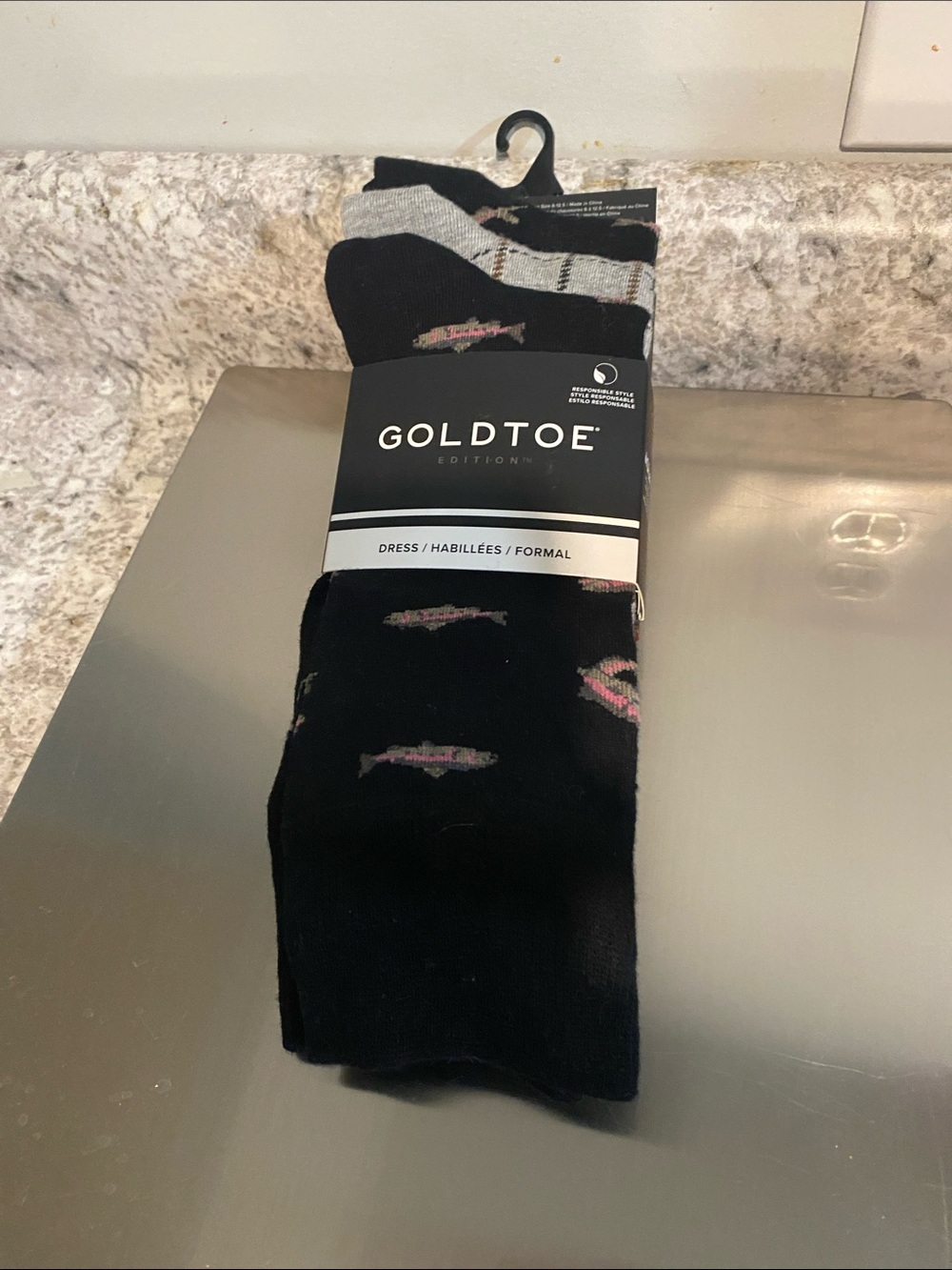 Gold Toe Black Dress Socks with Rainbow Trout size 6-12 Men’a socks  $44 retail